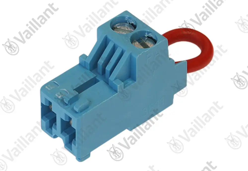 Stecker von Vaillant, 2-polig in lichtblau mit einer roten Verbindung. Geeignet für verschiedene Modelle, inklusive möglicherweise VWL 39+59+79.